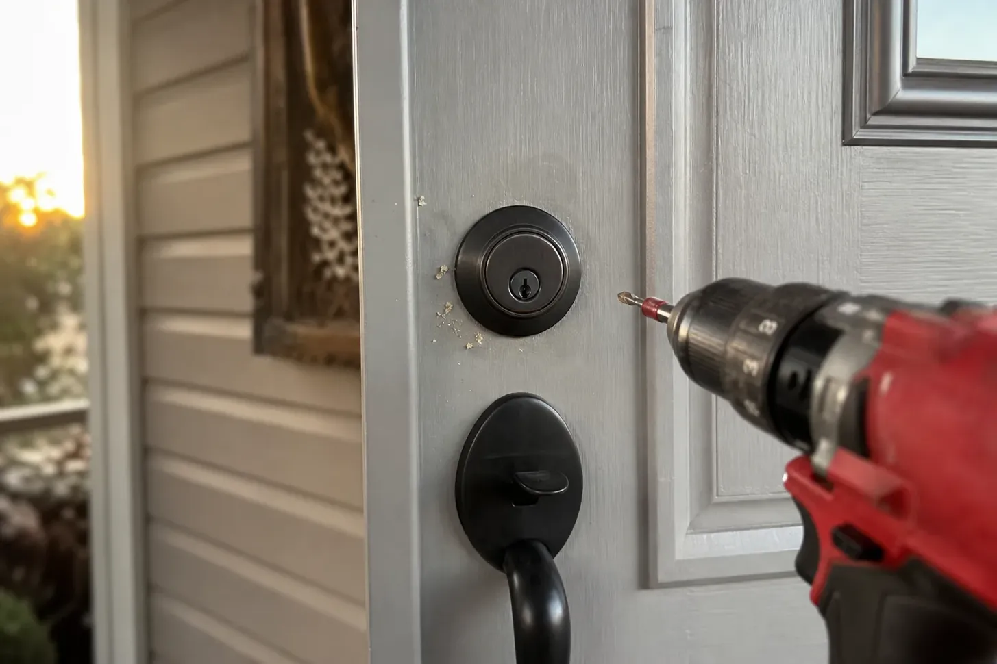 New deadbolt being installed in a front door
