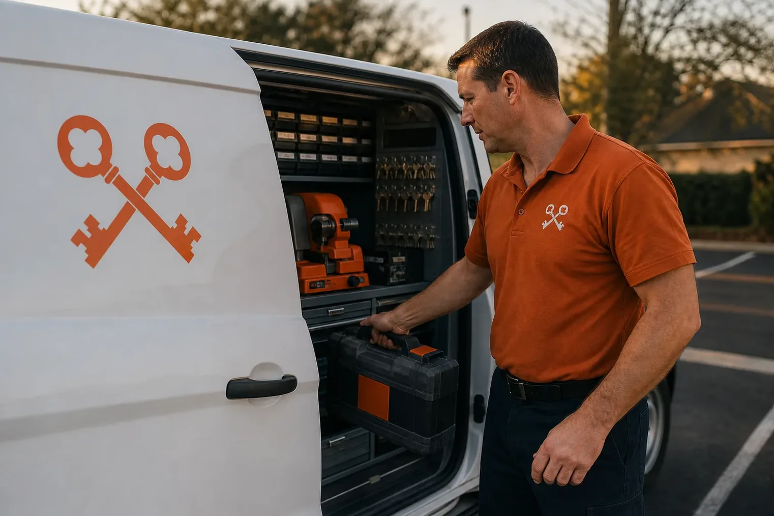 The Cinder Locksmith Co service van, stocked for lockouts and key cutting in Keller