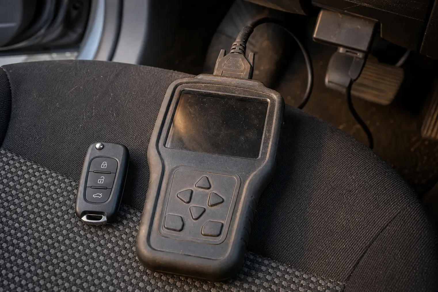 Car key programmer plugged into the OBD port in Keller, TX