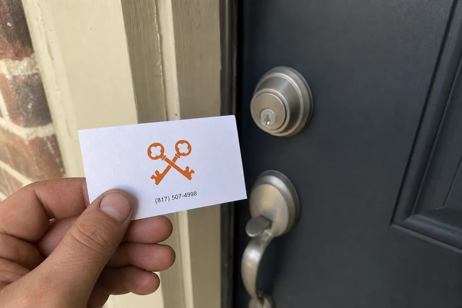 Cinder Locksmith Co business card left at a job in Keller, TX